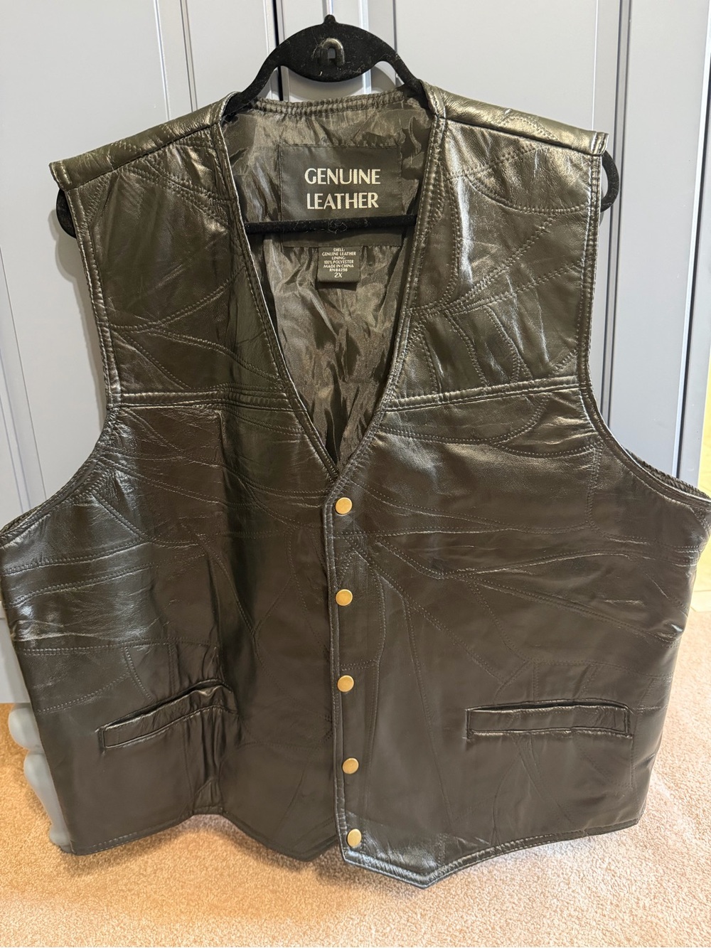 Men's Genuine Leather Black Snap Vest